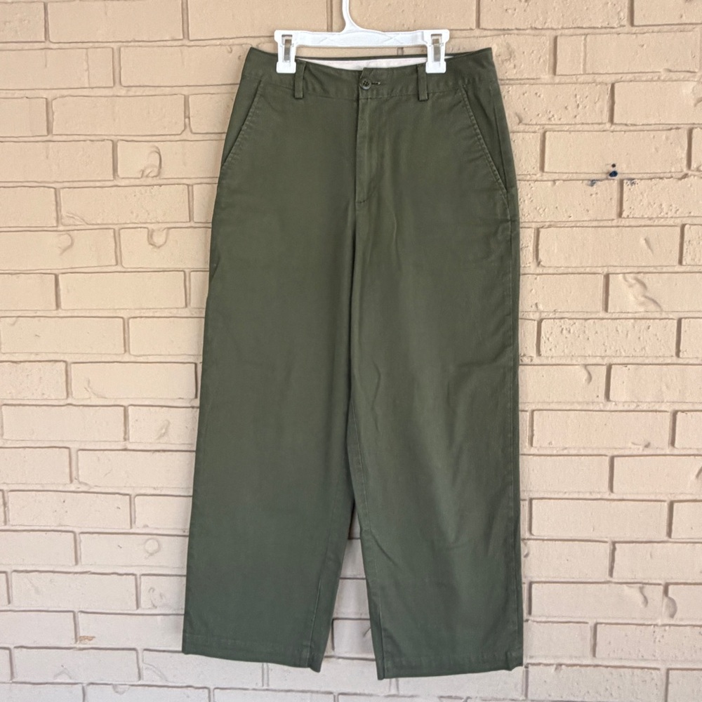 Women's Uniqlo Khaki Pants Green Wide Leg Stretch Cropped Minimalist Capsule 4
